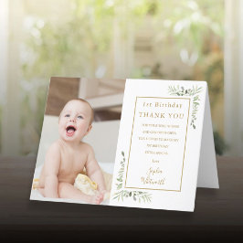 Tarjeta De Agradecimiento Foto elegante de 1er cumpleaños con vegetación dor