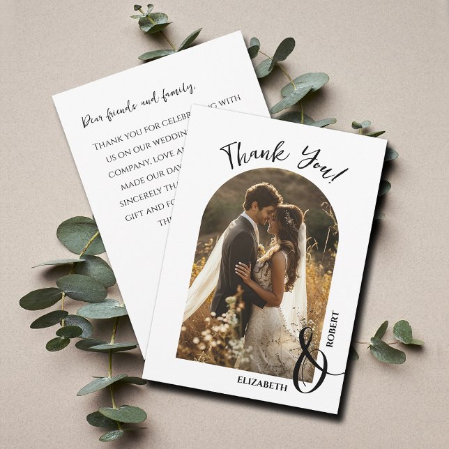Tarjeta De Agradecimiento Foto Elegante de la boda (Elegant arched wedding photo flat thank you cards feature your message on the back)