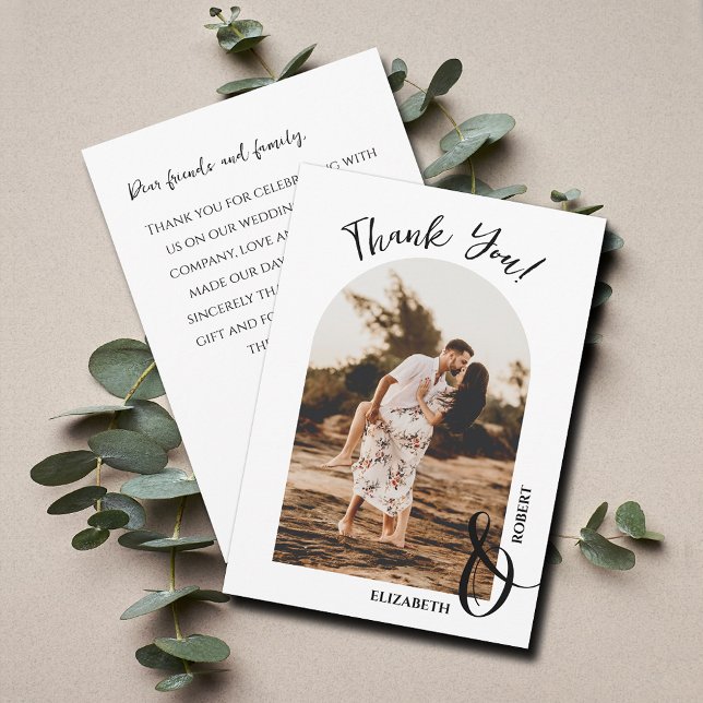 Tarjeta De Agradecimiento Foto Elegante de la boda (Elegant arched wedding photo flat thank you cards feature your message on the back)