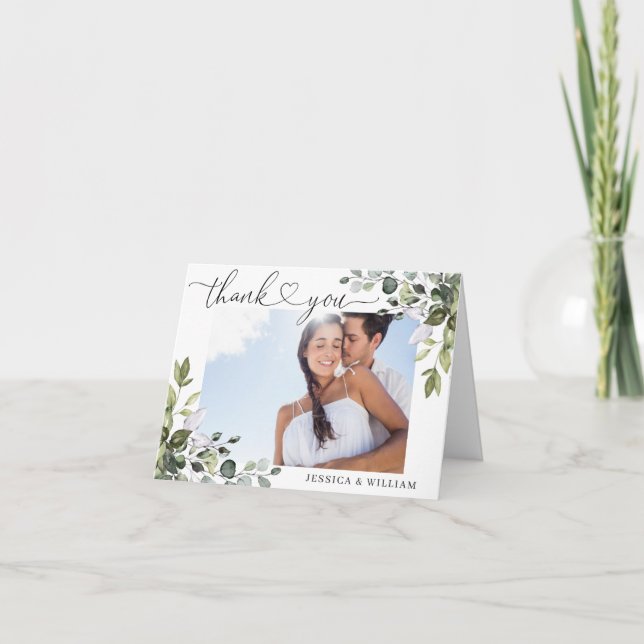 Tarjeta De Agradecimiento FOTO Elegante Eucalyptus Greenery Boda (Anverso)
