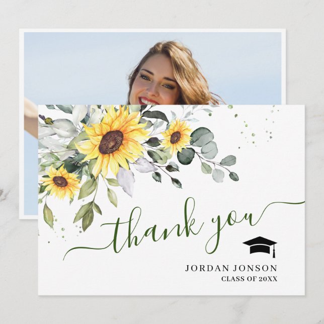 Tarjeta De Agradecimiento FOTO Elegante Sunflowers Eucalyptus Graduación (Anverso / Reverso)