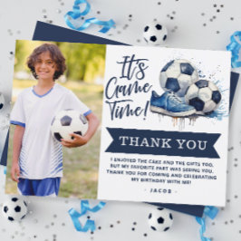 Tarjeta De Agradecimiento Foto en acuarela de fútbol azul marino para niños