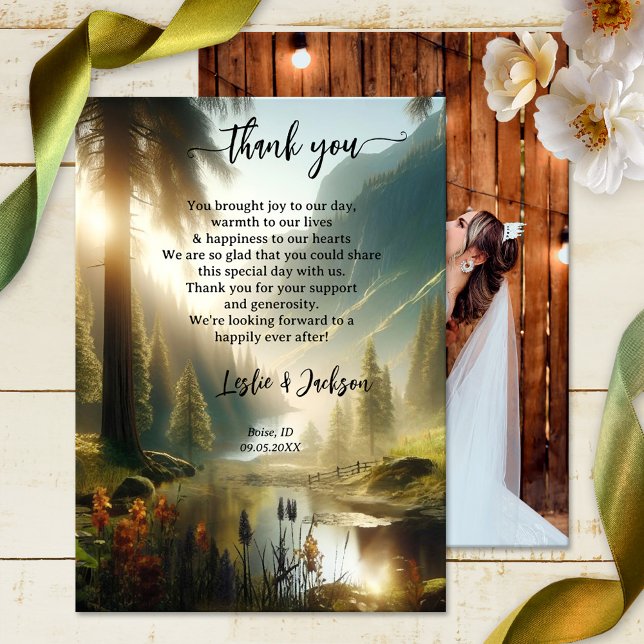 Tarjeta De Agradecimiento Foto encantada del Boda de la Montaña Forestal (Wedding Thank You card featuring your own wedding photo and an enchanted forest in the mountains)