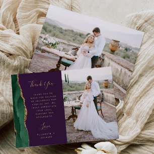 Tarjeta De Agradecimiento Foto Esmeralda Verde Oro Ágata Púrpura Boda