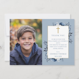 Tarjeta De Agradecimiento Foto floral azul turbia primera comunión sagrada