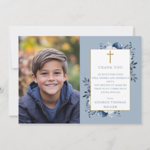 Tarjeta De Agradecimiento Foto floral azul turbia primera comunión sagrada