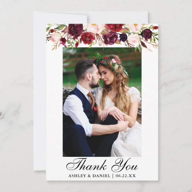 Tarjeta De Agradecimiento Foto floral de Borgoña de la boda (Anverso)