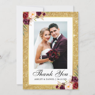 Tarjeta De Agradecimiento Foto floral de Borgoña de la boda del purpurina