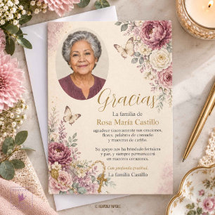 Tarjeta De Agradecimiento Foto floral de funeral católico en color morado ci