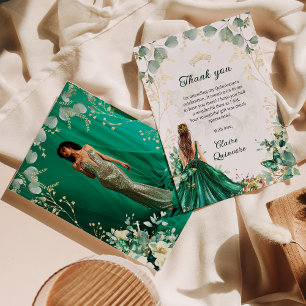 Tarjeta De Agradecimiento Foto floral de oro verde esmeralda Quinceanera