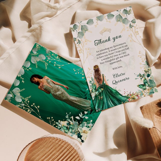 Tarjeta De Agradecimiento Foto floral de oro verde esmeralda Quinceanera (Subido por el creador)