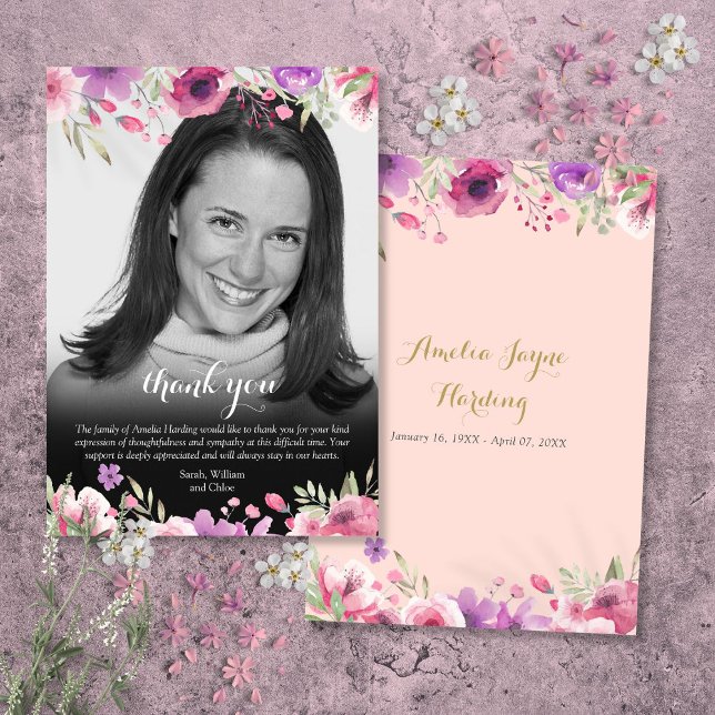 Tarjeta De Agradecimiento Foto floral en blanco y negro para funeral (Funeral Black and White Photo Floral Thank You Card)