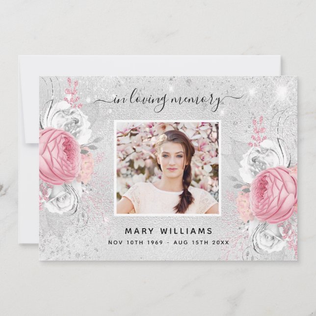 Tarjeta De Agradecimiento Foto floral rosa con brillo plateado de simpatía (Reverso)