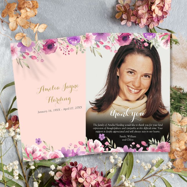 Tarjeta De Agradecimiento Foto funeraria floral Rubor Pink (Funeral Photo Floral Blush Pink Thank You Card)