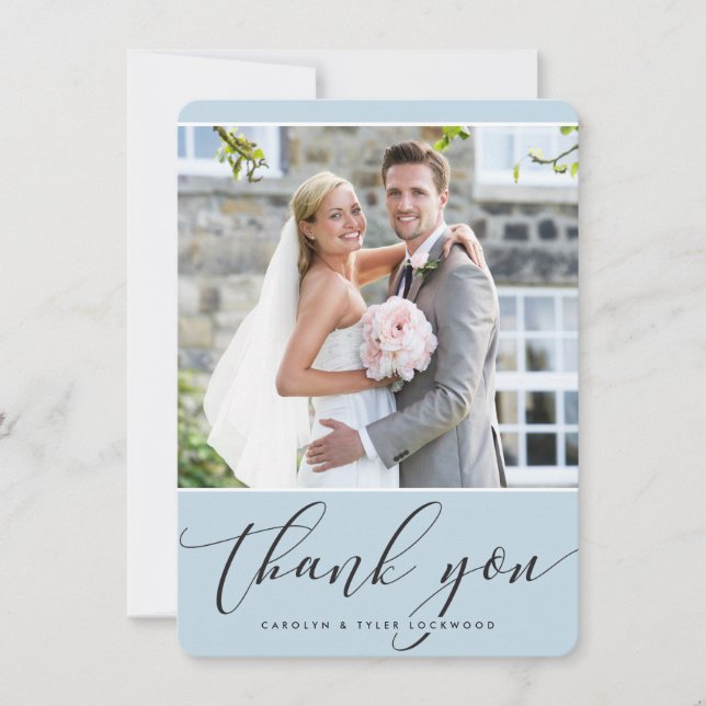 Tarjeta De Agradecimiento FOTO GRACIAS bonito caligrafía azul pálido (Anverso)