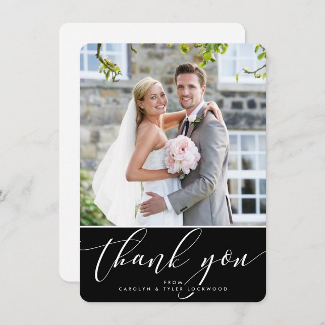 Tarjeta De Agradecimiento FOTO GRACIAS bonito caligrafía blanco negro (Anverso / Reverso)