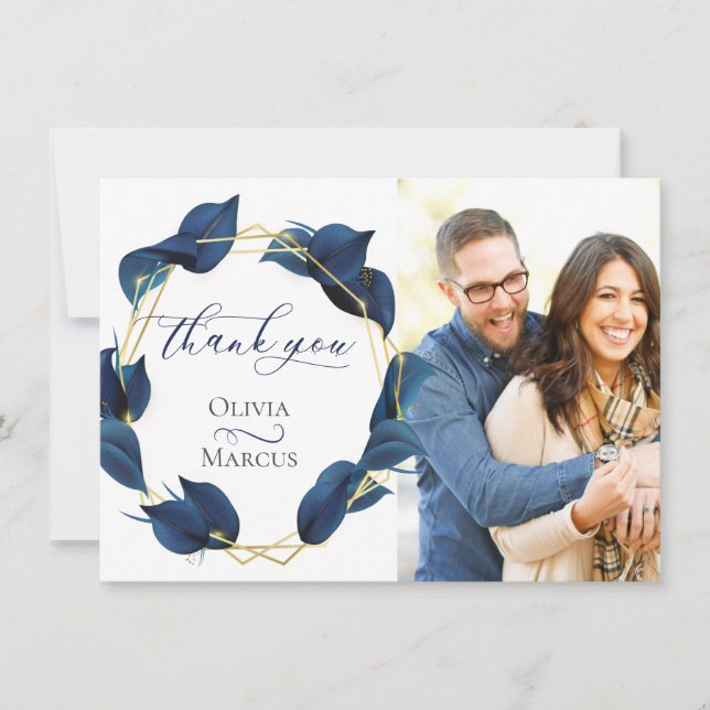 Tarjeta De Agradecimiento Foto Gracias Moderno Índigo Azul Profundo y Dorado (Anverso)
