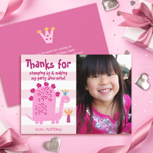 Tarjeta De Agradecimiento Foto Lindo Dinosaurio Rosa Kawaii Divertido Cumple