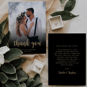 Tarjeta De Agradecimiento Foto moderna Boda simple guion de oro negro