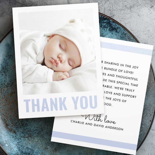 Tarjeta De Agradecimiento Foto moderna de bautismo de recién nacido blanco a (Modern dusty blue white new baby baptism photo thank you card)