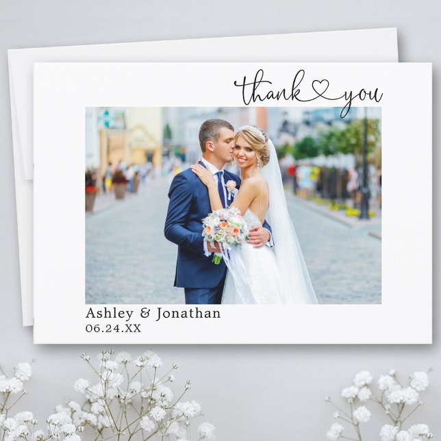 Tarjeta De Agradecimiento Foto moderna de Boda cardiaco caligráfica (Customize to change your personalized text size or text style.)