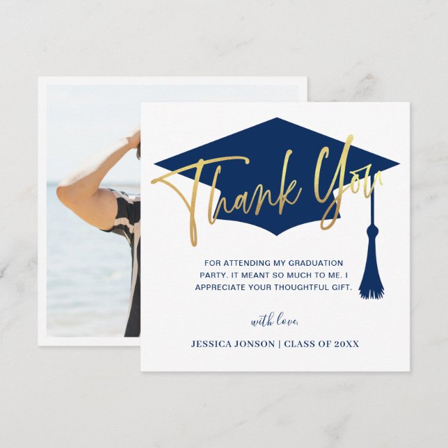 Tarjeta De Agradecimiento FOTO moderna de graduación de la Marina Dorada (Anverso / Reverso)