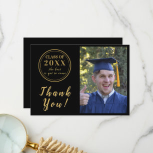 Tarjeta De Agradecimiento Foto moderna de graduación en negro y oro