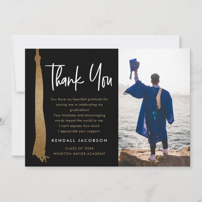 Tarjeta De Agradecimiento Foto moderna de tapón de graduación negro de oro (Anverso)