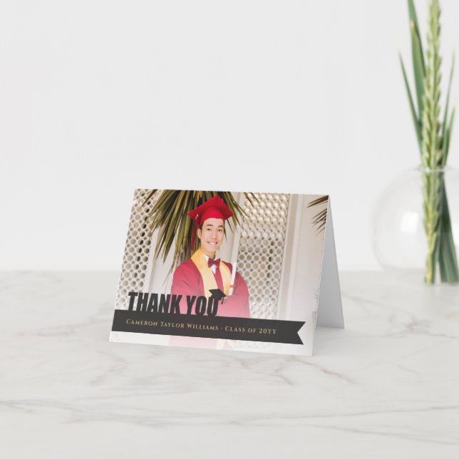Tarjeta De Agradecimiento Foto moderna del tapón de graduación de cinta supe (Anverso)