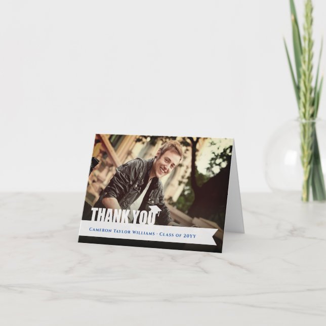 Tarjeta De Agradecimiento Foto moderna del tapón de graduación de cinta supe (Anverso)