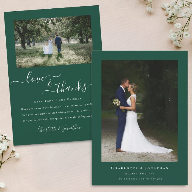 Tarjeta De Agradecimiento Foto moderna Gracias Boda Verde (Modern 2 photo love and thanks green wedding thank you card landscape and portrait photograph)