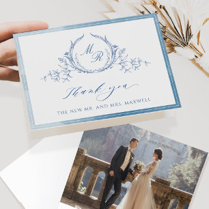 Tarjeta De Agradecimiento Foto, Monograma Clásico Azul, Acuarela de Boda