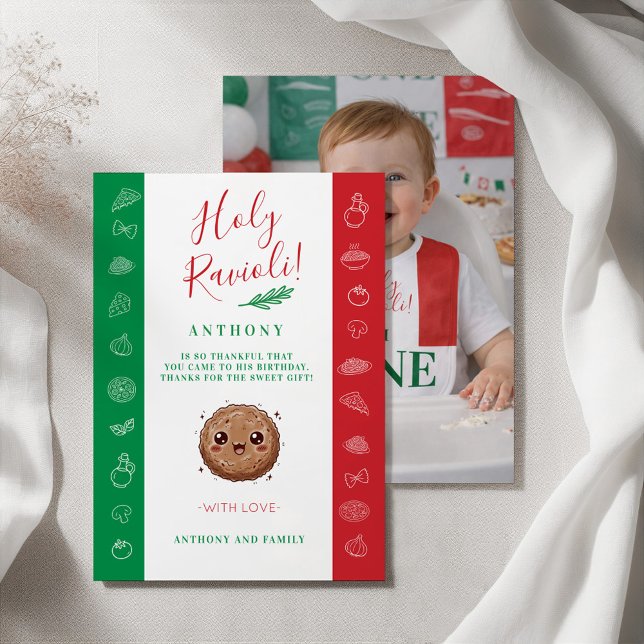 Tarjeta De Agradecimiento Foto Nuestra Pequeña Albóndiga Cumple Un Año Fiest (Photo Our Little Meatball is One Birthday Party Thank You Card)