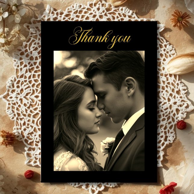 Tarjeta De Agradecimiento  Foto Oro Negro  (Vintage Film Look Photo overlay Black Gold Thank You Card)