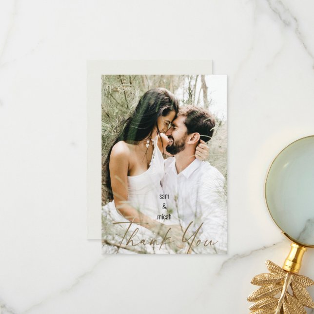 Tarjeta De Agradecimiento Foto Pareja y Nombres Boda Cream Blank Gracias (Anverso/Reverso In Situ)