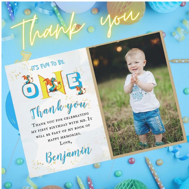 Tarjeta De Agradecimiento Foto personalizada de Boy Dinosaur Primer cumpleañ (Subido por el creador)