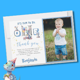 Tarjeta De Agradecimiento Foto personalizada de Boy Dinosaur Primer cumpleañ