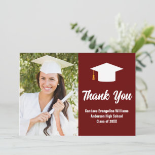 Tarjeta De Agradecimiento Foto personalizada de graduación en blanco y grana