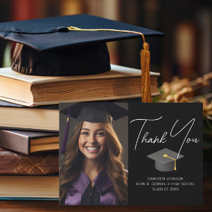Tarjeta De Agradecimiento Foto personalizada de graduado negro chic