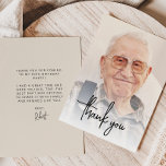 Tarjeta De Agradecimiento Foto personalizado Black Script 90th Birthday Part<br><div class="desc">En la parte delantera de esta tarjeta de agradecimiento por 90 años aparece la foto del invitado de honor con las palabras "gracias" en la escritura moderna de escritura a mano en negro. Una pantalla blanca ayuda a hacer que el texto aparezca. Personalizar el lado inverso con tu mensaje personal...</div>