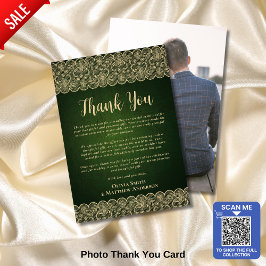 Tarjeta De Agradecimiento Foto personalizado Gracias Rústico Green Gold Lace