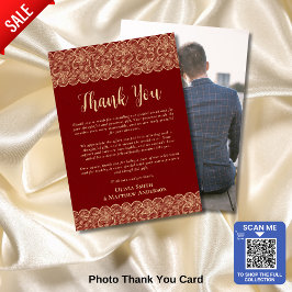Tarjeta De Agradecimiento Foto personalizado Gracias Rústico Rojo Gold Lace