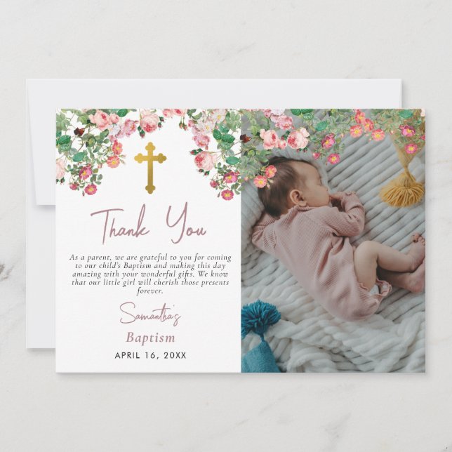 Tarjeta De Agradecimiento Foto personalizado Rosa acuarela Chica bautismo en (Anverso)