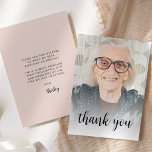 Tarjeta De Agradecimiento Foto personalizado Rubor Pink 90th Birthday Party<br><div class="desc">La parte delantera de esta invitación a los 90 años muestra la foto del invitado de honor con las palabras "gracias" en un elegante guión de caligrafía negra. Una pantalla blanca ayuda a hacer que el texto aparezca. Personalizar el lado inverso con tu mensaje personal en sans serif negro y...</div>