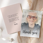 Tarjeta De Agradecimiento Foto personalizado Rubor Pink 90th Birthday Party<br><div class="desc">La parte delantera de esta invitación a los 90 años muestra la foto del invitado de honor con las palabras "gracias" en un elegante guión de caligrafía negra. Una pantalla blanca ayuda a hacer que el texto aparezca. Personalizar el lado inverso con tu mensaje personal en sans serif negro y...</div>