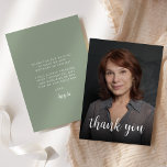 Tarjeta De Agradecimiento Foto personalizado Sage Green 50 Birthday Party<br><div class="desc">La parte delantera de esta invitación de 50 años muestra la foto del invitado de honor con las palabras "gracias" en un elegante guión de caligrafía blanca. Una pantalla oscura ayuda a hacer que el texto aparezca. Personalizar el lado inverso con tu mensaje personal en blanco sans serif font y...</div>