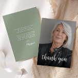 Tarjeta De Agradecimiento Foto personalizado Sage Green 70 Birthday Party<br><div class="desc">La parte delantera de esta invitación para cumplir 70 años muestra la foto del invitado de honor con las palabras "gracias" en un elegante guión de caligrafía blanca. Una pantalla oscura ayuda a hacer que el texto aparezca. Personalizar el lado inverso con tu mensaje personal en blanco sans serif font...</div>