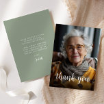 Tarjeta De Agradecimiento Foto personalizado Sage Green 80 Birthday Party<br><div class="desc">La parte delantera de esta invitación para el 80 cumpleaños muestra la foto del invitado de honor con las palabras "gracias" en un elegante guión de caligrafía blanca. Una pantalla oscura ayuda a hacer que el texto aparezca. Personalizar el lado inverso con tu mensaje personal en blanco sans serif font...</div>