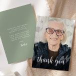 Tarjeta De Agradecimiento Foto personalizado Sage Green 90th Birthday Party<br><div class="desc">La parte delantera de esta invitación a los 90 años muestra la foto del invitado de honor con las palabras "gracias" en un elegante guión de caligrafía blanca. Una pantalla oscura ayuda a hacer que el texto aparezca. Personalizar el lado inverso con tu mensaje personal en blanco sans serif font...</div>