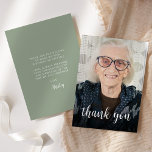 Tarjeta De Agradecimiento Foto personalizado Sage Green 90th Birthday Party<br><div class="desc">La parte delantera de esta invitación a los 90 años muestra la foto del invitado de honor con las palabras "gracias" en un elegante guión de caligrafía blanca. Una pantalla oscura ayuda a hacer que el texto aparezca. Personalizar el lado inverso con tu mensaje personal en blanco sans serif font...</div>